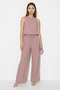 Women's Crew Neck Balloon Cut Blouse Loose Dusty Rose Trousers Set