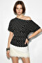Women's Polka Dot Patterned Asymmetrical Cut Fitted Waist Bat Sleeve Black and White Blouse - 4
