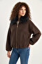 Women's Fur Collared Zippered Cashmere Bomber Jacket in Bitter Brown - 8