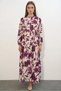 Women's High Collar Gathered Waist Floral Patterned Viscose Dark Pink Hijab Dress - 7