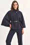 Women's Gold Button Detailed Belted Poncho Navy Blue - 6