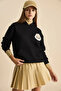 Women's Embroidered Hooded Black Sweatshirt with Kangaroo Pocket - 4