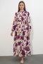 Women's High Collar Gathered Waist Floral Patterned Viscose Dark Pink Hijab Dress - 3