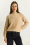 Women's Crew Neck Raglan Sleeve Knitted Patterned Soft Textured Knitwear Beige Sweater - 5