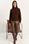 Women's Crew Neck Raglan Sleeve Knitted Patterned Soft Textured Knitwear Bitter Brown Sweater