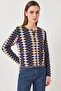 Women's Side Diamond Patterned Knitwear Navy Blue Beige Cardigan - 2