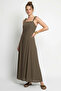 Women's Beaded Strap Detailed Square Neck Flowy Maxi Khaki Dress - 5