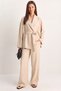 Women's Belted Kimono with Elastic Waist and Pocket Detail, Loose Palazzo Beige Trousers Set - 5