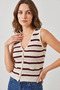 Women's V-Neck Three-Button Striped Knitwear Ecru Burgundy Vest - 4