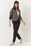 Women's Striped Knitwear Black Ecru Cardigan - 3