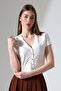 Women's V-Neck Buttoned Short Sleeve Ecru Crop Blouse - 5