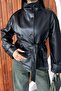Women's Belted Stand Collar Faux Leather Short Trench Coat Jacket - 3