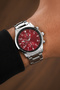 Men's Silver Metal Band Wristwatch – Sporty Classic Design with Burgundy Dial Chronograph Look - 4