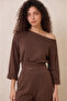 Women's Brown Crop Sweatshirt Boat Neckline Stitching Detail Sweatshirt Elastic Waist Pocket Bottom Modal Fabric Set - 2