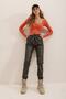 Khaki Double Pockets, Elastic Waist and Ankles, Lined Inside, Casual Faux Leather Trousers Alc-X7329 - 2