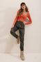 Khaki Double Pockets, Elastic Waist and Ankles, Lined Inside, Casual Faux Leather Trousers Alc-X7329 - 5