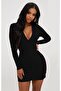 Stretchy Fabric, Low-Cut Bust, Gathered Detail, Long Sleeve Black Mini Dress Tkn-394