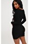Stretchy Fabric, Low-Cut Bust, Gathered Detail, Long Sleeve Black Mini Dress Tkn-394 - 2