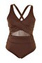 Kahverengi Belde Cut Out Mesh/Tül Detaylı Büyük Beden Mayo TBBSS23AM00037 - 4