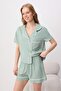 Mint Biye Detaylı Viskon Şortlu Dokuma Pijama Takımı THMSS24PT00051