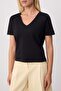 Black Plain Oversize V-Neck Standard Sleeve Short Interlock Knitted T-Shirt Twoss26Ts00346 - 3