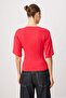 Red Plain Fitted Crew Neck Three Quarter Sleeve Soft Knitted T-Shirt Twoss26Ts00060 - 4