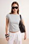Gri Melanj Kayık Yaka Fitted/Vücuda Oturan Pamuklu Esnek Örme Bluz TWOSS25BZ00285 - 3