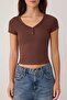 Brown Plain Fitted V-Neck Standard Sleeve Short Crop Stretchy Knitted T-Shirt Twoss26Ts00125 - 3