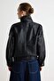 Siyah Oversize Kalıp Dik Yaka Suni Deri Bomber Ceket Mont TWOAW27MO00021 - 6