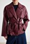 Bordo Kemerli Suni Deri Kruvaze Kapama Oversize Kısa Trençkot TWOAW27TR00009 - 4