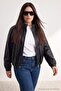 Black Oversize Fit Soft Faux Leather Plus Size Bomber Coat Twoaw27Aw00002 - 3