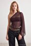 Dark Brown Single Sleeve Half Lined Party Tulle Blouse Tpraw27Bz00021 - 4