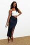 Navy Blue Gathered Waist Slit Maxi Skirt Sh160 - 4