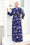 Brush Patterned Waist Belted Dress TSD240228 Indigo - 3