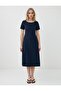 Navy Blue Boat Neck Short Sleeve Woven Midi Dress