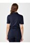 Navy Blue Short Sleeve Shirt Collar Slim Fit Knitted Blouse - 6