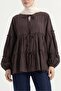 Layered Modal Shirt with Elastic Sleeves and Tie Front - Brown