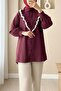 Button-Front, Lace-Front, Ruffled Striped Shirt - Burgundy - 4