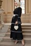 Layered Belted Long Chiffon Dress 155 - Black - 5