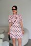 Waist-Slit High Neck Balloon Sleeve Polka Dot Pink Mini Dress - 5