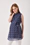 Maternity Navy Blue Sleeveless Shawl Patterned Blouse, Chiffon Fabric with Inner Lining, Waist Tie, Collar Button and Zipper Detail. - 3