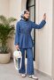 Half-Buttoned, Pleated Front, Tie-Waist Denim Suit with Pants - Blue - 3