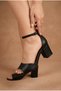 Women's Ankle Buckle Single Strap Thick Heeled Evening Dress Shoes Black Skin - 5