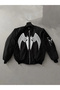 Full Zippered Long Sleeve Printed Bomber Jacket - Black - 2