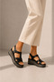 Black Genuine Leather Cross-Strapped Wedge Sole Women's Sandals - 4