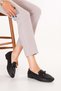 Women's Genuine Leather Daily Perforated Ballerina Loafer Shoes Hl.25218 Black - 6