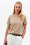 Women's Crew Neck Loose Basic Beige T-Shirt - 4