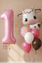 Safari Concept Cute Cow and Pink Number Balloon 1 Year Old Set Safari Cow Concept Birthday Balloon Set