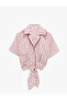 X Melis Ağazat - Short Sleeve Front Tie Stone Embellished Striped Crop Shirt - 5