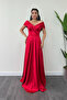 Satin Fabric Boat Neck Evening Dress - Red